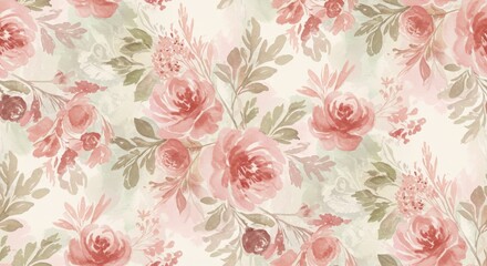 Watercolor Floral Pattern: Pink Roses and Leaves on Cream Background.
