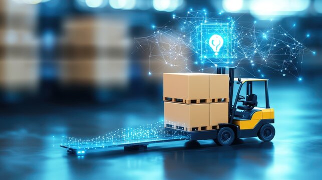 smart logistics factory concept. Forklift transporting boxes with digital network overlay, symbolizing technology in logistics.