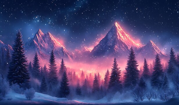 Snowy mountain peaks illuminated by vibrant pink and orange light under a starry night sky