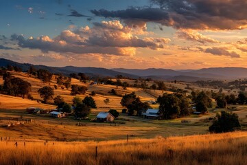 Fototapeta premium Golden sunset over rural hills with scattered houses and trees.