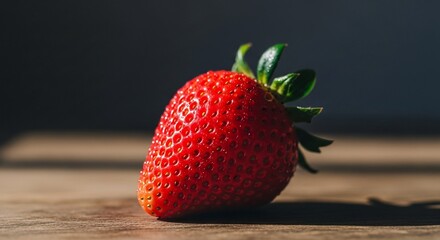Single Strawberry with Green Leaves on Wood Surface in Dramatic Lighting