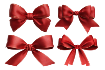 Four variations of red ribbon bows, digitally rendered,  isolated against black