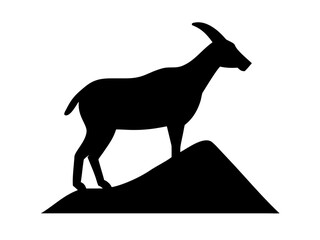 Silhouette of a horned animal standing atop a hill in a black and white vector illustration design