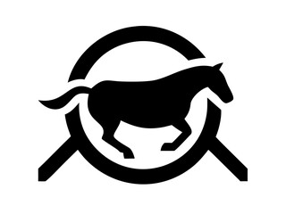 Silhouette of a horse running inside a circle with angled lines at the bottom in black and white