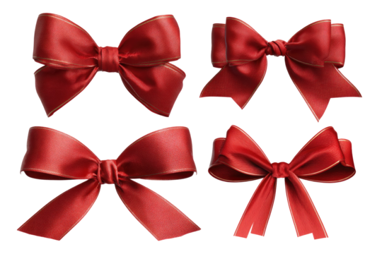 Four variations of red ribbon bows, digitally rendered,  isolated against black