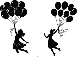 Silhouette of girls flying with balloons, joyful children, playful moment, whimsical design, vector art, childhood fun, fantasy concept, black illustration