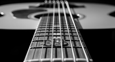 Fototapeta premium Monochrome Close-up of a Guitar Fretboard and Pick