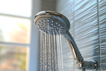 Obraz premium Chrome shower head with water flowing, mounted on tiled wall