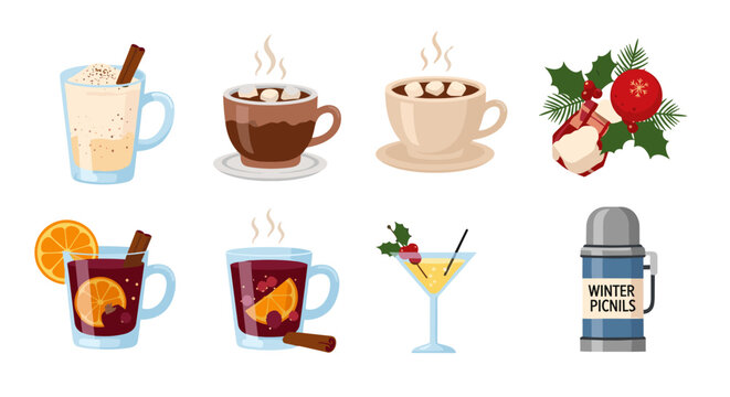 Vector art of collection of traditional winter holiday drinks