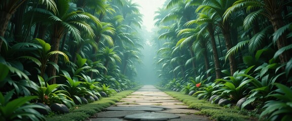 A tranquil pathway lined with lush greenery leads through a dense tropical forest, inviting exploration and connection with nature.