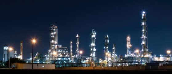 Illuminated Industrial Refinery at Nighttime with Bright Lights and Towering Structures