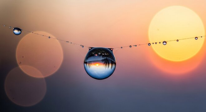 Sunset Reflection in Water Droplets on a Spiderweb, Blurred Sun and Bokeh