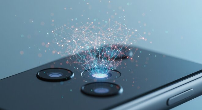 Close-up of a smartphone camera lens with a glowing network of digital data emanating from it, symbolizing advanced technology and connectivity.