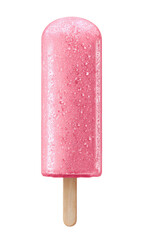 A vibrant pink popsicle, smooth and glossy, with water droplets, sits on a light beige stick