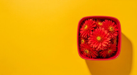 Red Dahlias Floral Still Life on Yellow Background Copy Space. Vivid flowers in container. Vibrant color design element. Wellness floral beauty. Blank space for text overlay.
