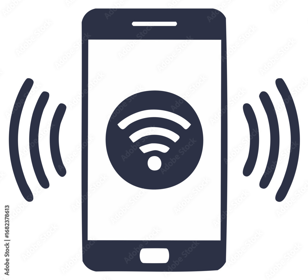 Poster smartphone icon displaying wifi connection symbol with signal waves communicating wireless internet 