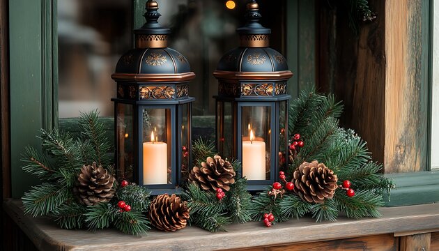 Two lit Christmas lanterns with pine cones and berries on a wooden surface candle fir branches