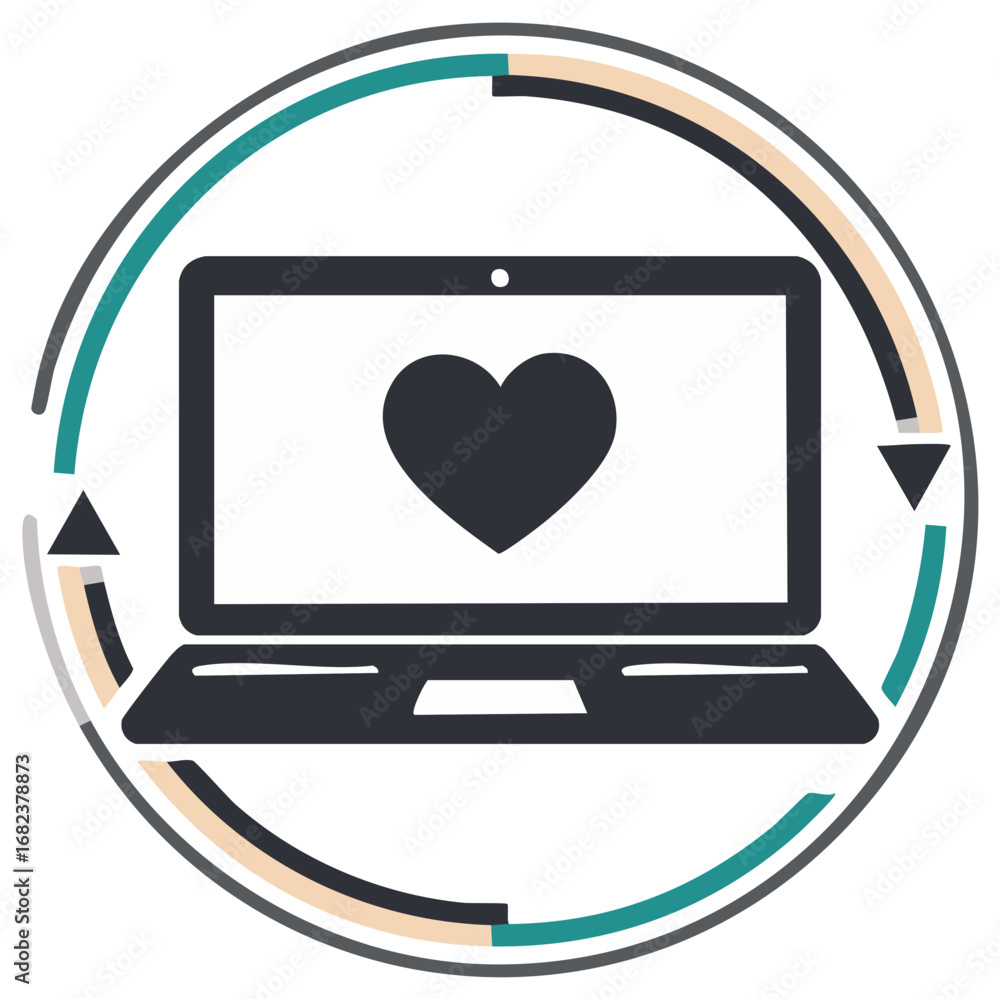 Poster laptop screen showing love heart icon surrounded by segmented recycle loop symbol
