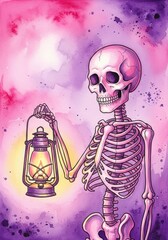 Watercolor illustration of cute skeleton with lantern on pink and purple background enhance magical and atmospheric feel, Drawing for Halloween or gothic themes, greeting card, invitation