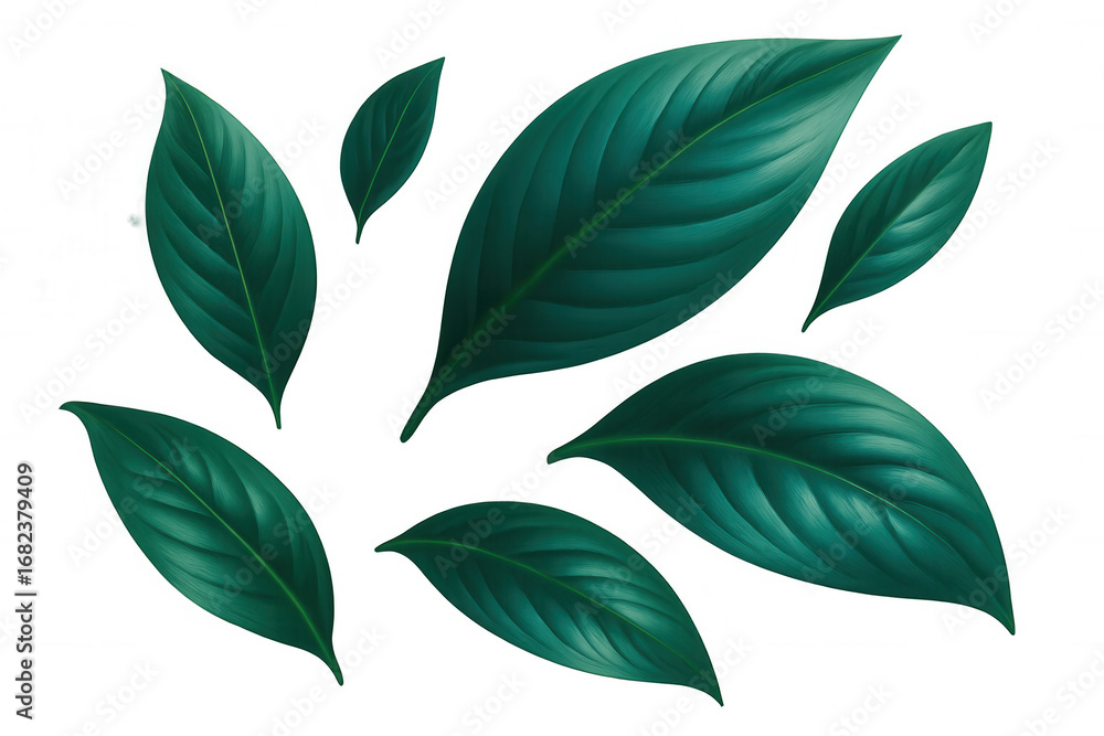 Poster verdant leaves gently cascading, floating softly against white backdrop, creating organic visual ele