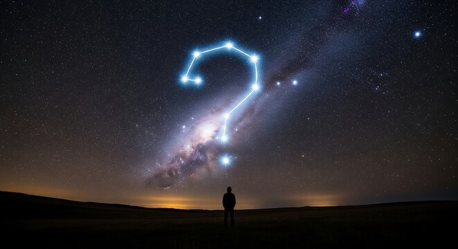 A lone figure stands under a vast, star-filled night sky, gazing at a luminous constellation shaped like a giant question mark, symbolizing mystery and the search for answers.