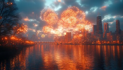 Vibrant orange fireworks explode over a city skyline and river at dusk water
