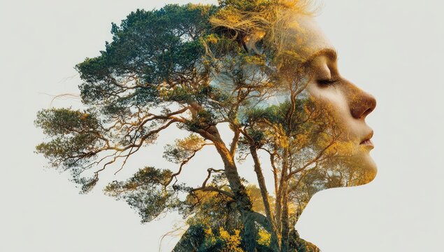 Woman with a tree double exposure