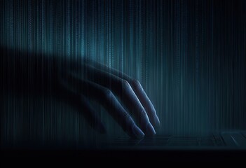 Silhouette hand typing on a laptop keyboard, with digital code background