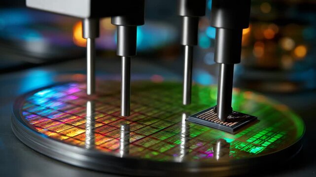 A computer chip is sitting on a round surface. The chip is colorful and has a shiny surface. Closeup of semiconductor wafer with tiny chip in foreground, semiconductor shortage clean sci‑tech lighting