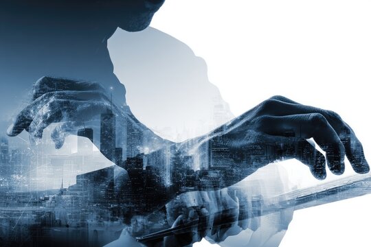 Double exposure of person working on a tablet with a city skyline superimposed