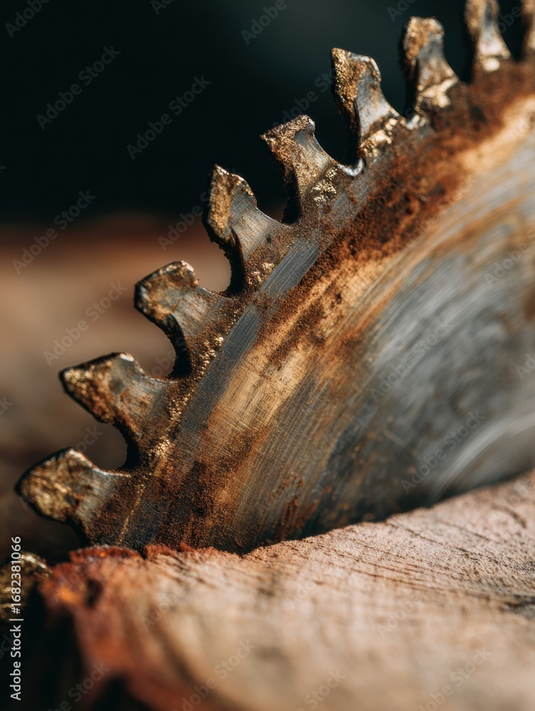 Poster close-up view of a rusty circular saw blade resting on wooden logs in a workshop setting showcasing 