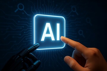 Human and robot hand touching ai button on virtual screen interface