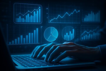 Person typing on laptop with financial charts and data analysis on screen