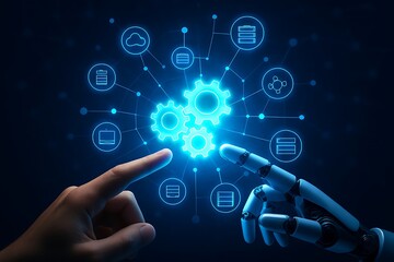 Human and robot hand touching gears and icons on virtual screen interface