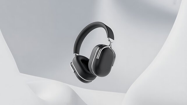 Modern black over ear headphones floating in a minimalist studio with soft lighting