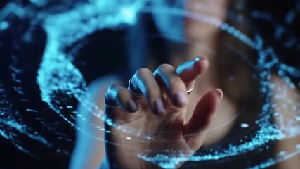 Close up of a human finger touching a futuristic digital interface with glowing blue particles and light trails creating a network of connections, symbolizing technology and data - Powered by Adobe