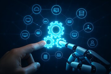 Human and robot hand touching gears and icons on virtual screen interface