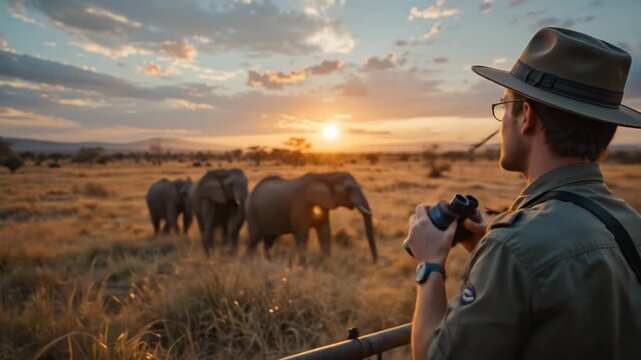 Wildlife rangers observe elephants with binoculars in a golden sunset. 4k video