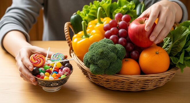 A person's hands reaching for either a small bowl of colorful candies or a large basket filled with fresh, vibrant fruits and vegetables, illustrating a healthy versus unhealthy food choice. - Powered by Adobe