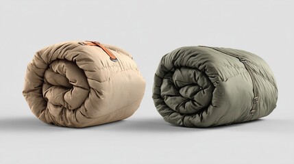 Two rolled-up sleeping bags, one tan and one olive green, rest on a light gray background.  Both feature leather-like straps for secure closure and puffy, quilted fabric
