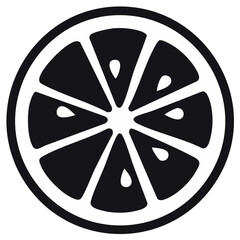 Obraz premium Graphic black and white citrus fruit slice icon with distinct segments and seeds