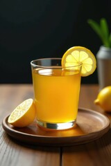 Fototapeta premium Golden ginger tea with lemon wedge, wooden surface, autumn, ginger