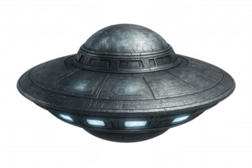 Metallic ufo spaceship suspended, glowing windows illuminating dark expanse, floating against transparent backdrop