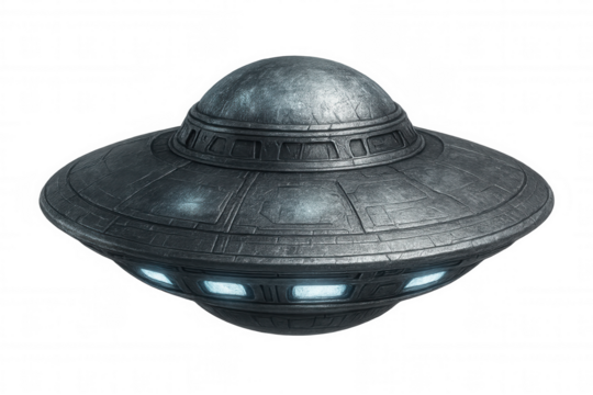 Metallic ufo spaceship suspended, glowing windows illuminating dark expanse, floating against transparent backdrop