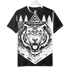 Black T-shirt with Geometric Tiger Head Design apparel isolated on a transparent background
