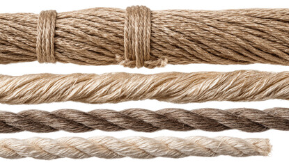 Close-up of multiple cords and ropes in beige and cream tones.  Three distinct rope types are visible, with varying textures and thicknesses.  Horizontal bands are present in some. 