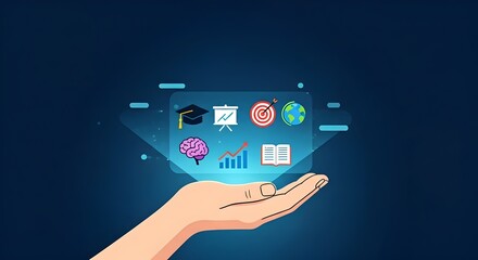 A human hand open and facing up, holding a with icons representing education, growth, success. interface includes a graduation cap, Education Distance E-learning Online Learning Personal development
