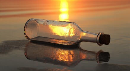 Empty glass bottle on beach at sunset