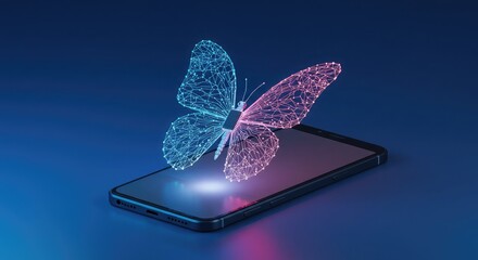 A glowing butterfly hologram emerges from a smartphone screen.