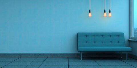 Naklejka premium Empty light-filled teal corner room with a sofa and hanging Edison bulbs